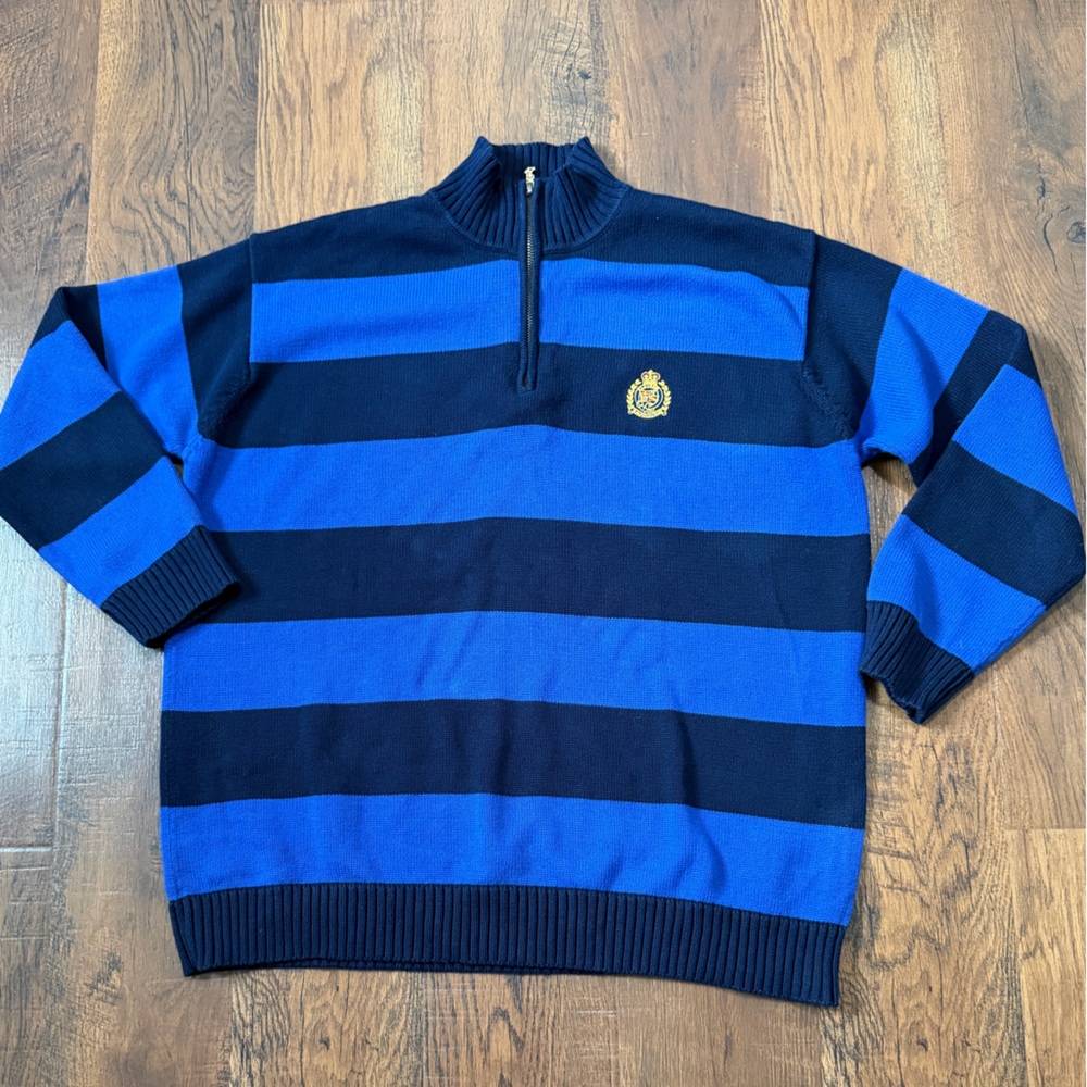 Lauren Ralph Lauren Mens Sz XL 1/4 Zip Striped Knit Sweater Blue Black